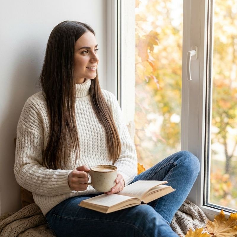 Elena reading by an autumn window with a warm drink