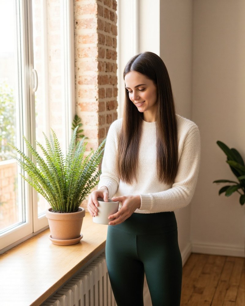 Elena watering plants in a bright apartment