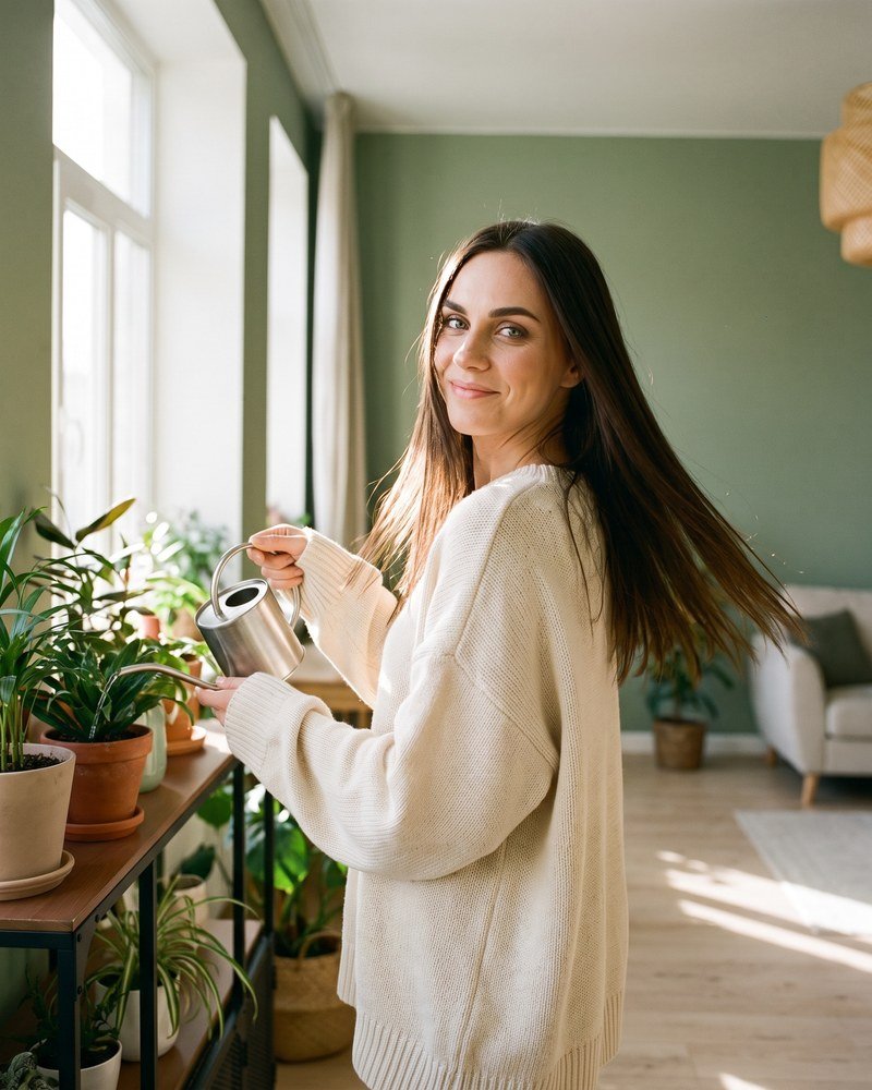 Elena watering plants in a bright apartment
