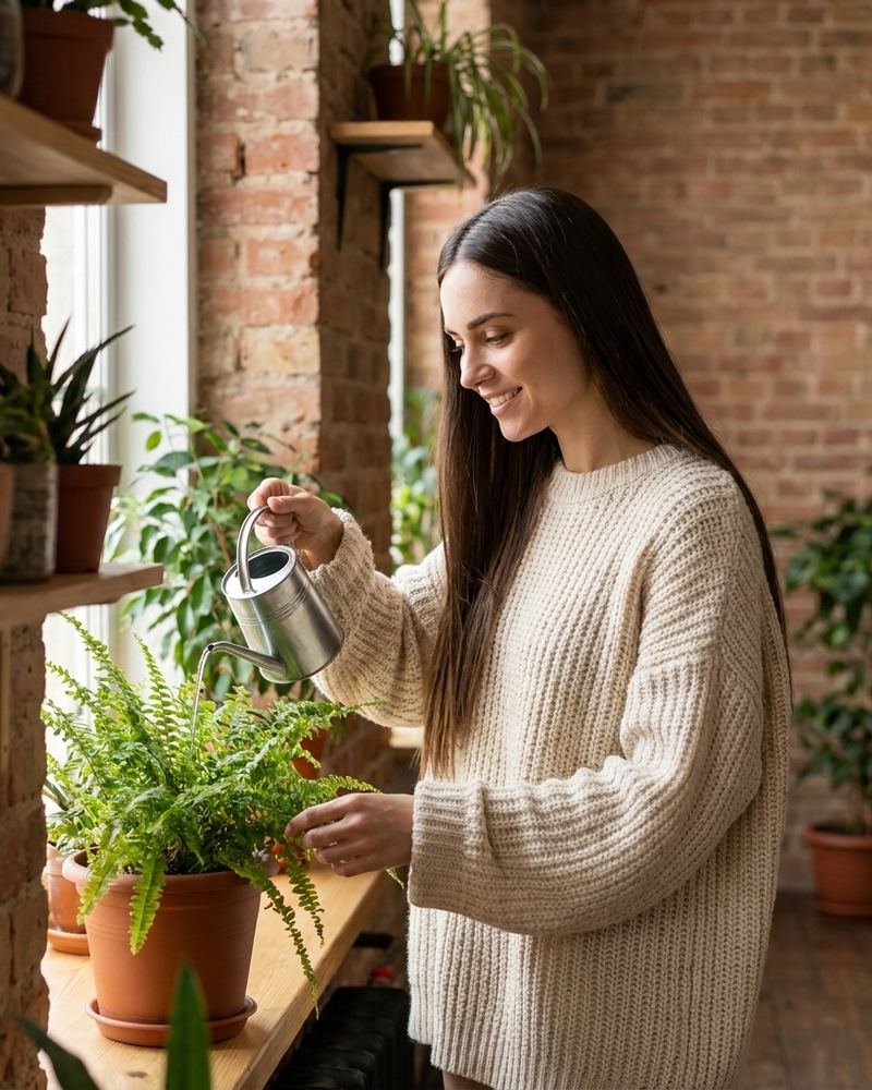 Elena watering plants in a bright apartment