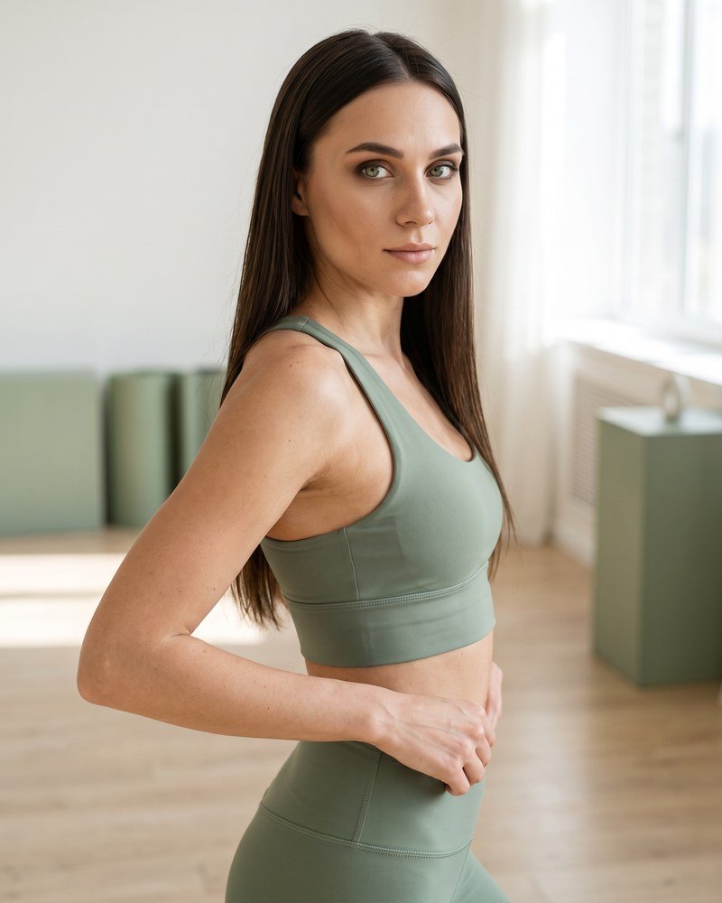Elena standing in a studio in a sage set