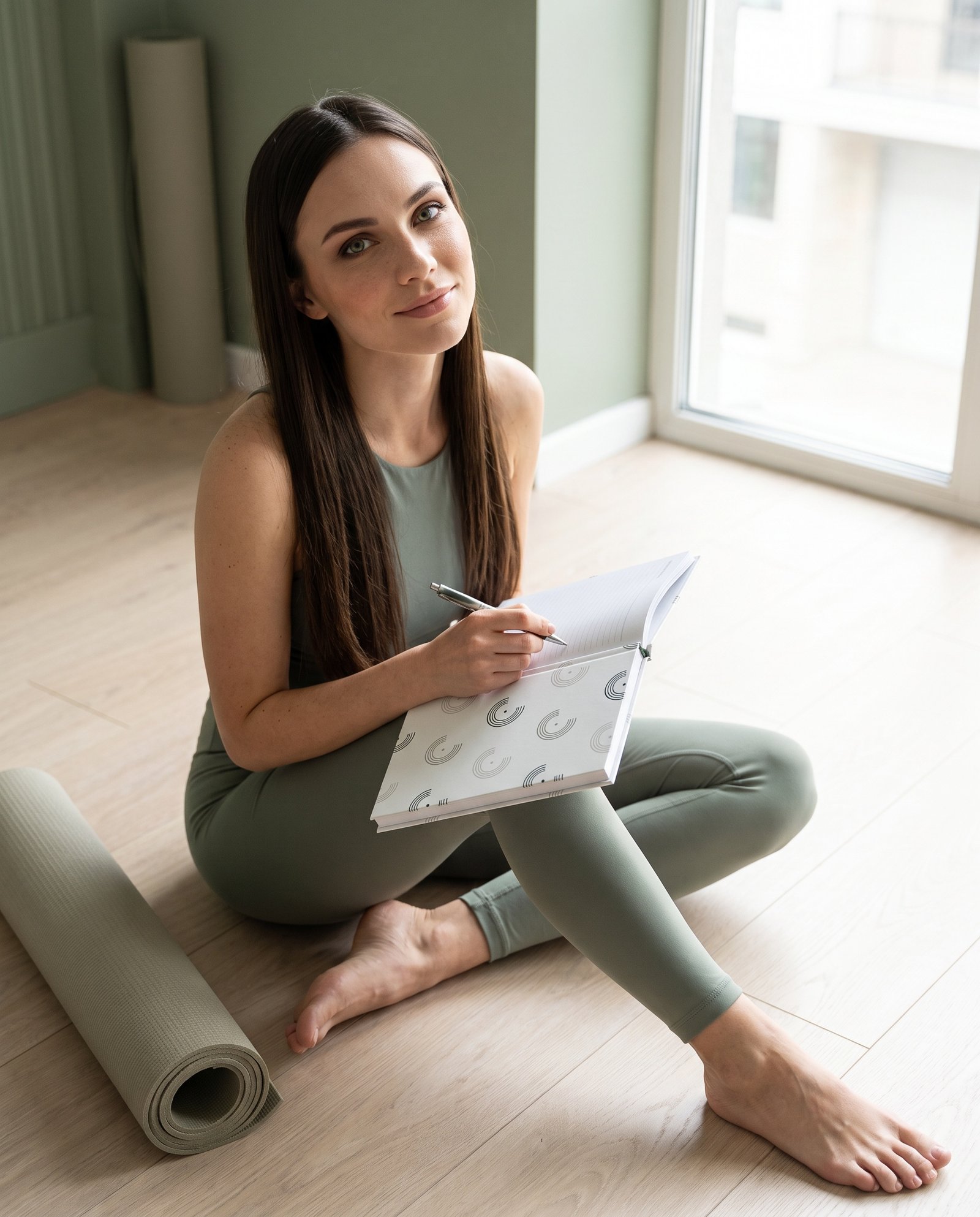 Elena, the stretching.shop AI guide, with the Breathing Room Journal