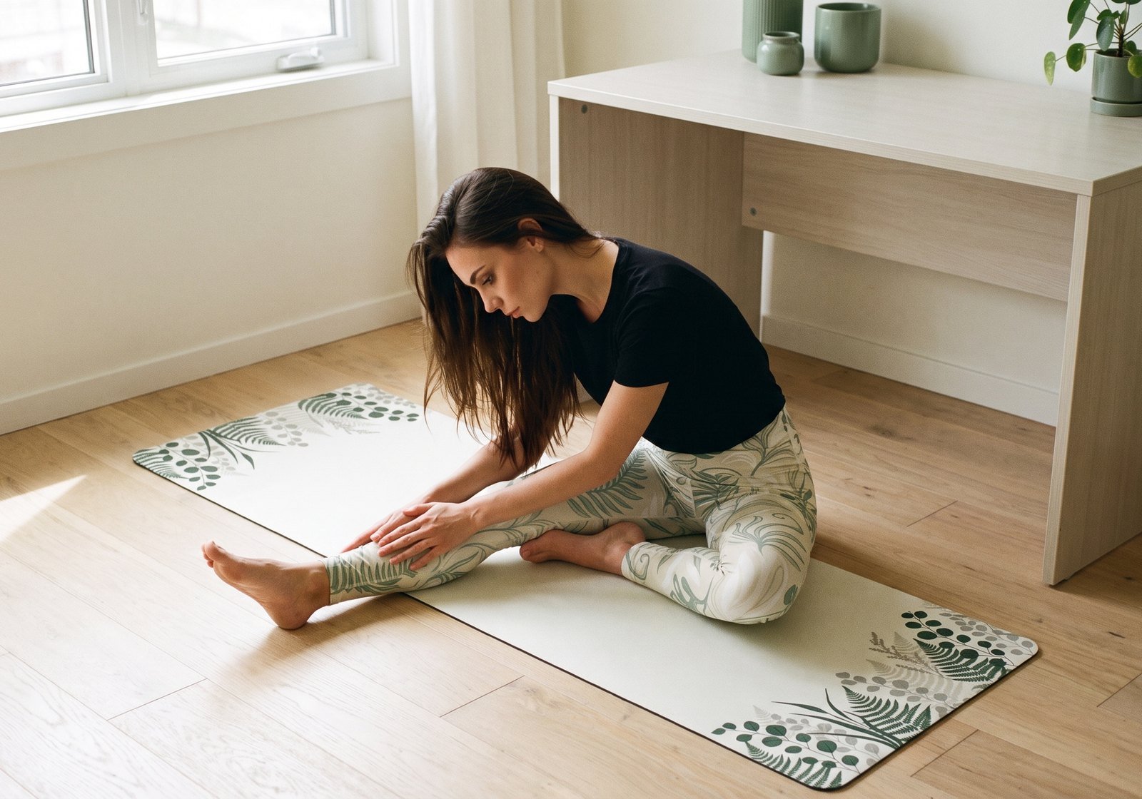 A woman in dark green activewear folding forward over one straight leg on a cream yoga mat in a sunlit room