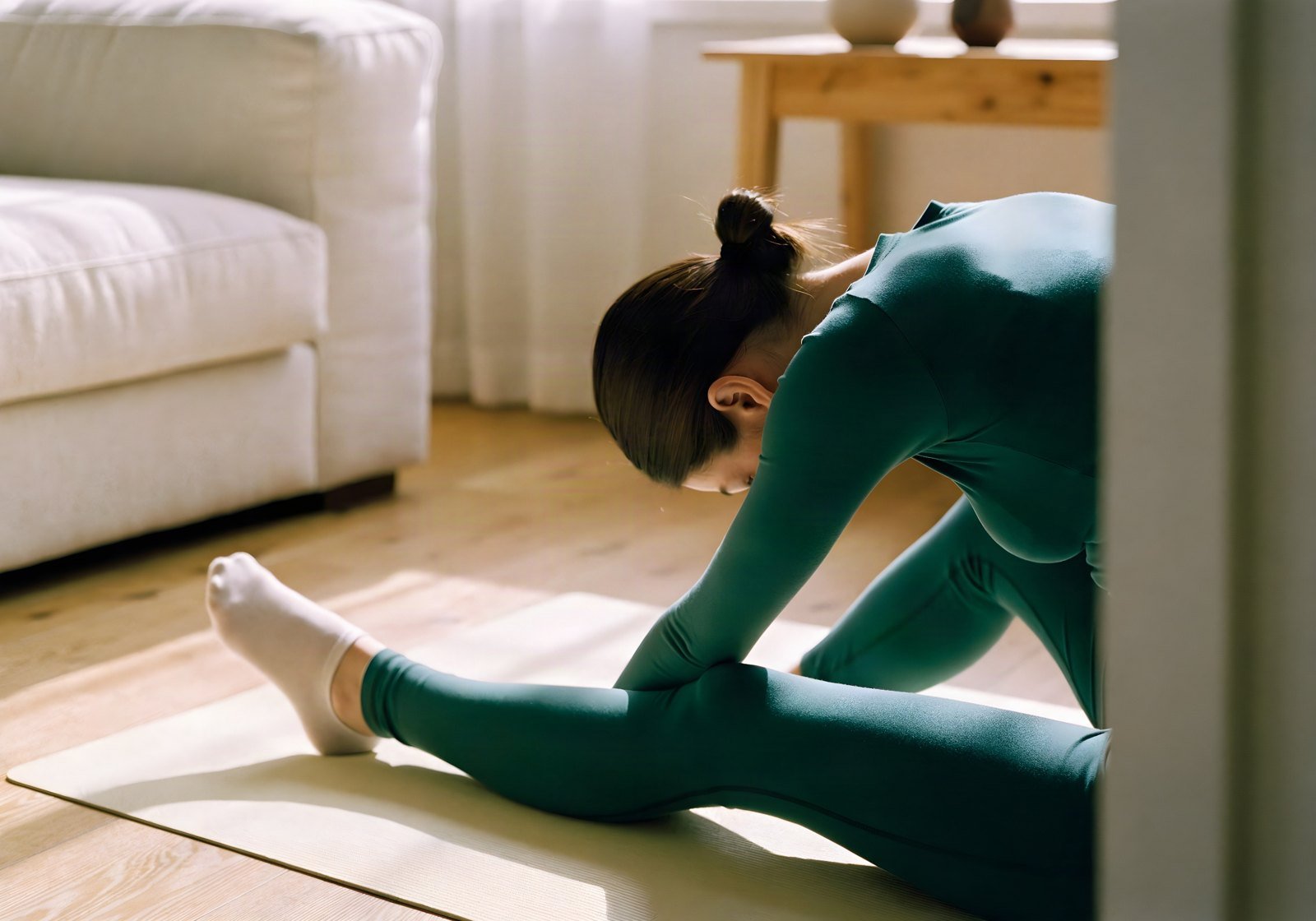 A woman in dark green activewear folding forward over one straight leg on a cream yoga mat in a sunlit room