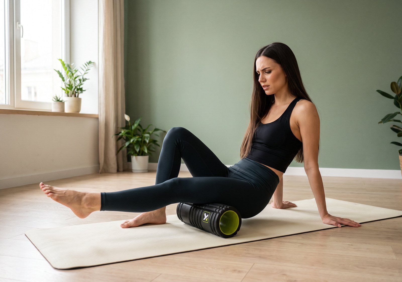 Rolling the back of the thigh on a textured foam roller
