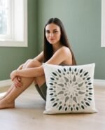 Elena, the stretching.shop AI guide, with the Eucalyptus Mandala Cushion