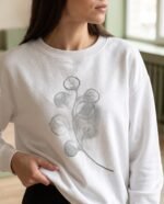Elena, the stretching.shop AI guide, with the Eucalyptus Sprig Sweatshirt