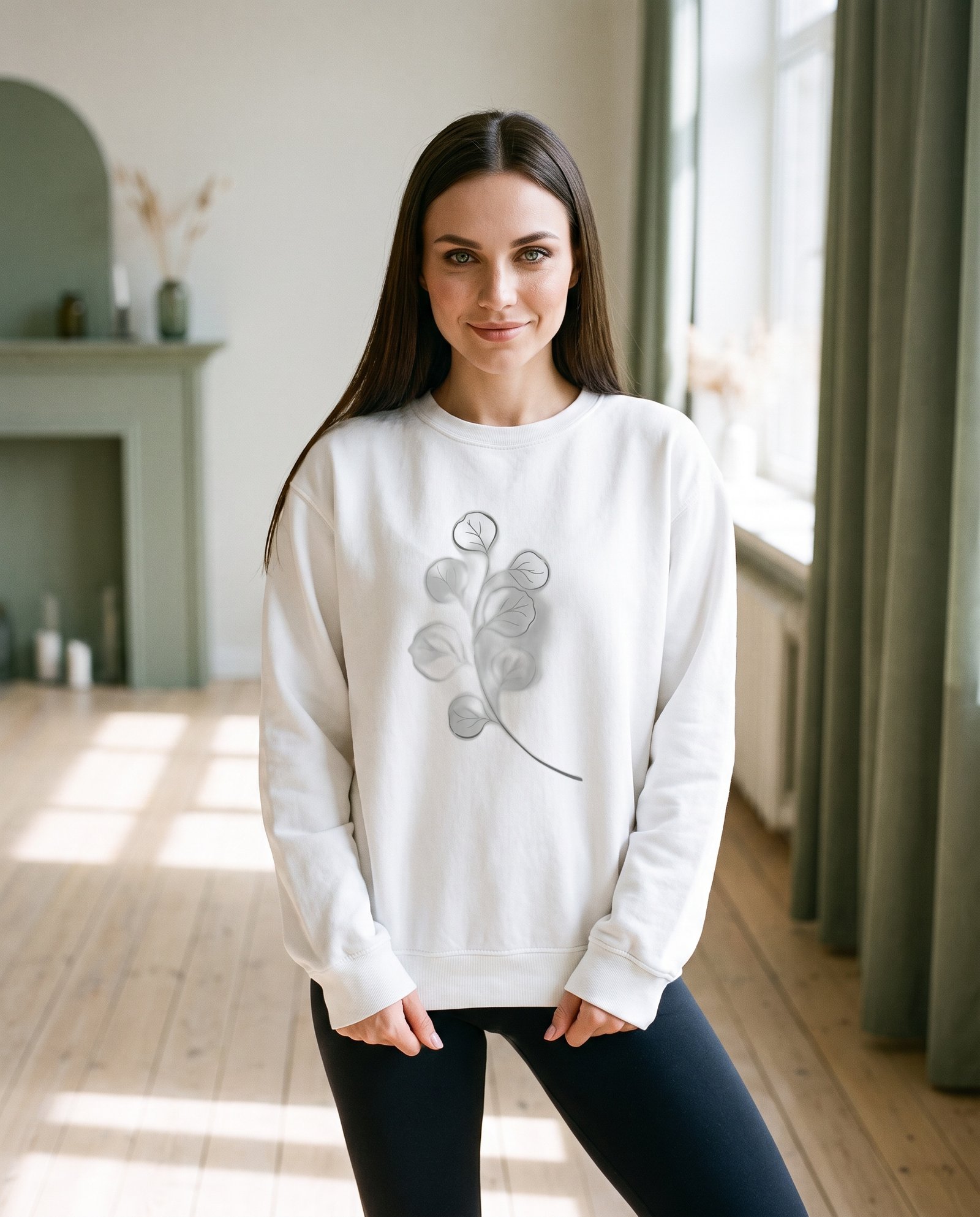 Elena, the stretching.shop AI guide, with the Eucalyptus Sprig Sweatshirt