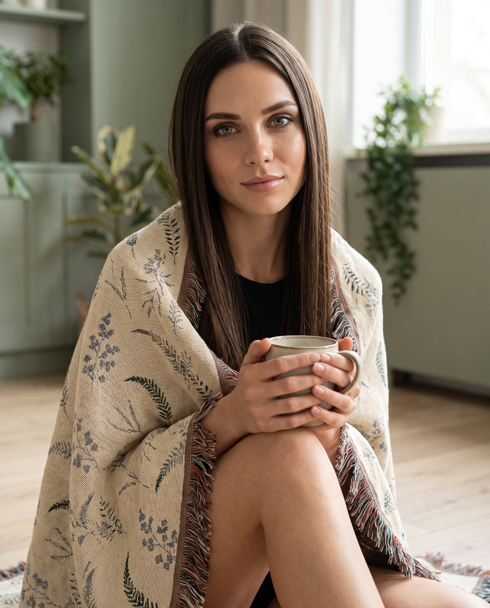 Elena, the stretching.shop AI guide, with the Fern Study Throw Blanket