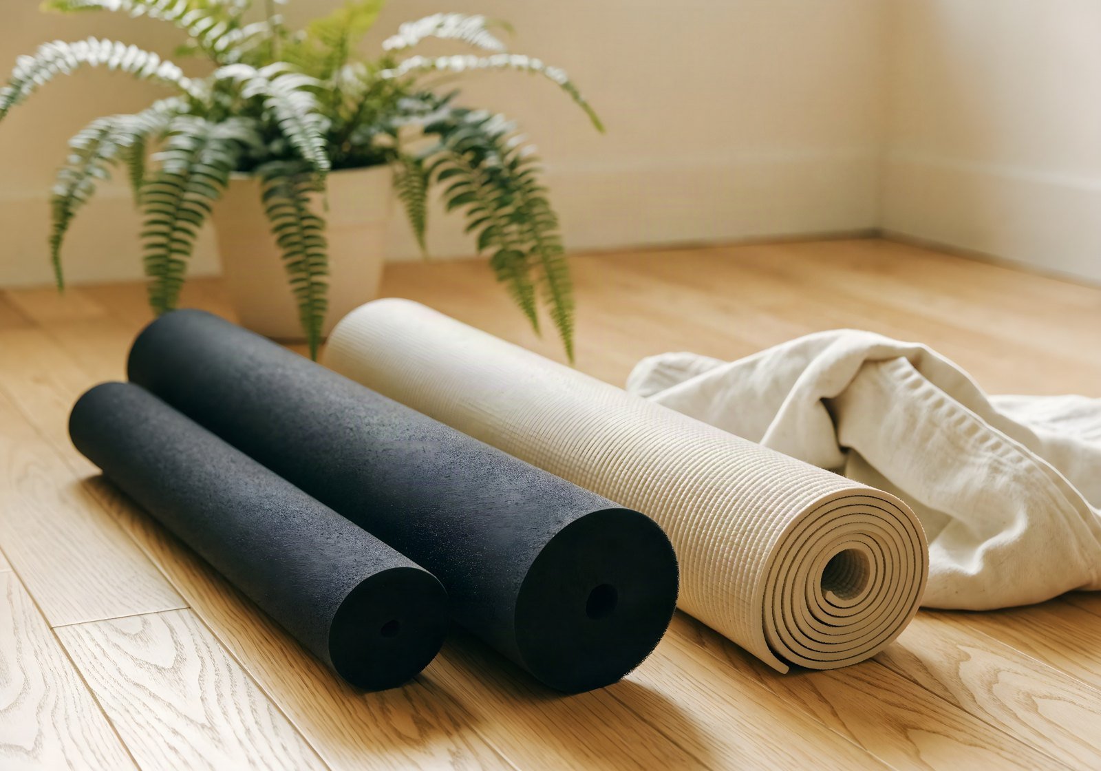 Two plain black foam rollers of different lengths on a pale oak floor beside a rolled cream yoga mat