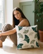 Elena, the stretching.shop AI guide, with the Ginkgo Scatter Cushion