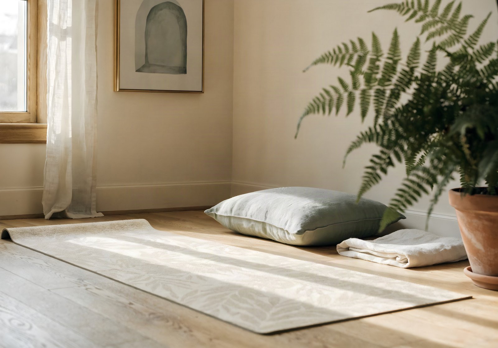 A calm home stretching corner with a botanical yoga mat, cushion, folded throw and a framed sage arch print