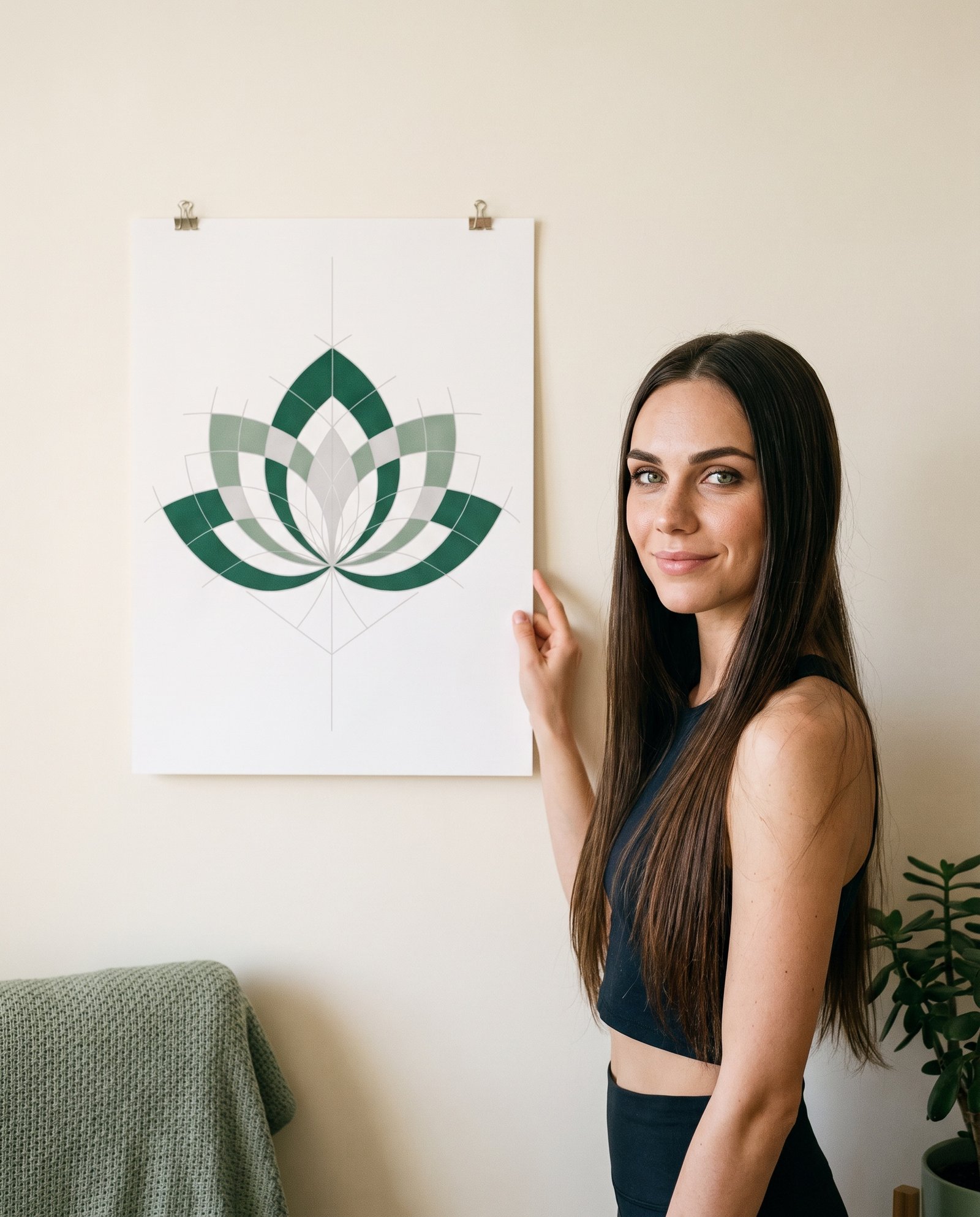 Elena, the stretching.shop AI guide, with the Lotus Geometry Art Print