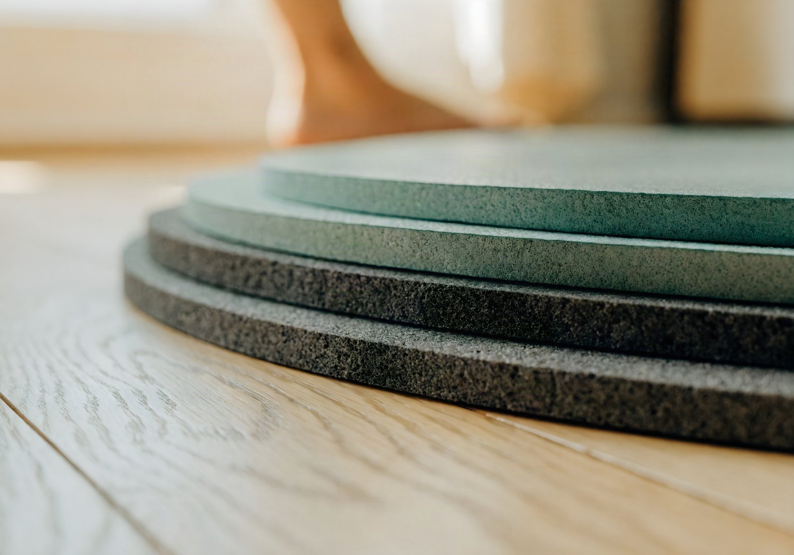 Close-up of three yoga mats of different thickness stacked on a pale oak floor