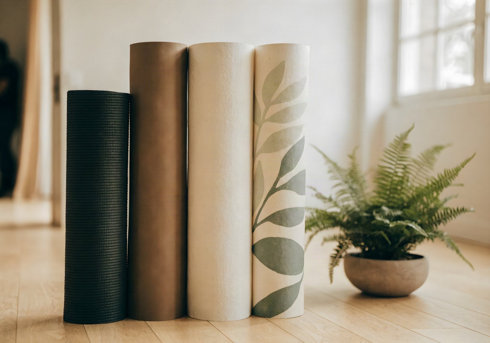 Four rolled yoga mats of different thickness standing side by side on a pale oak floor next to a potted fern