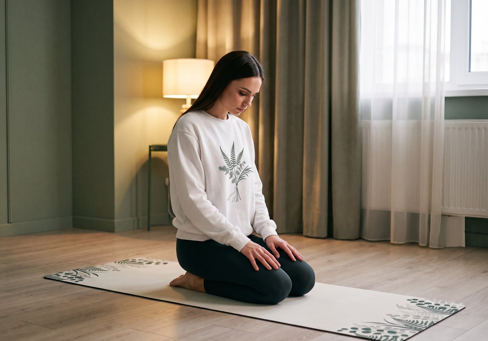 A home stretching corner in the evening with a mat, throw and cushion