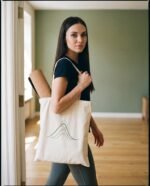 Elena, the stretching.shop AI guide, with the Mountain Line Tote Bag