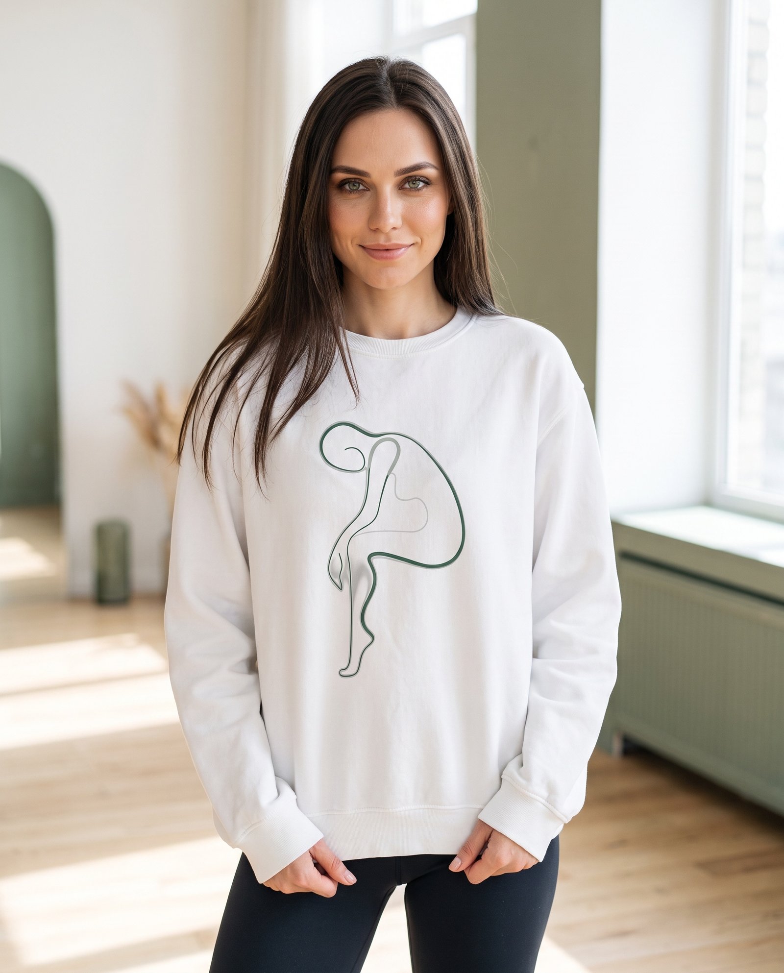 Elena, the stretching.shop AI guide, with the One Line Stretch Sweatshirt