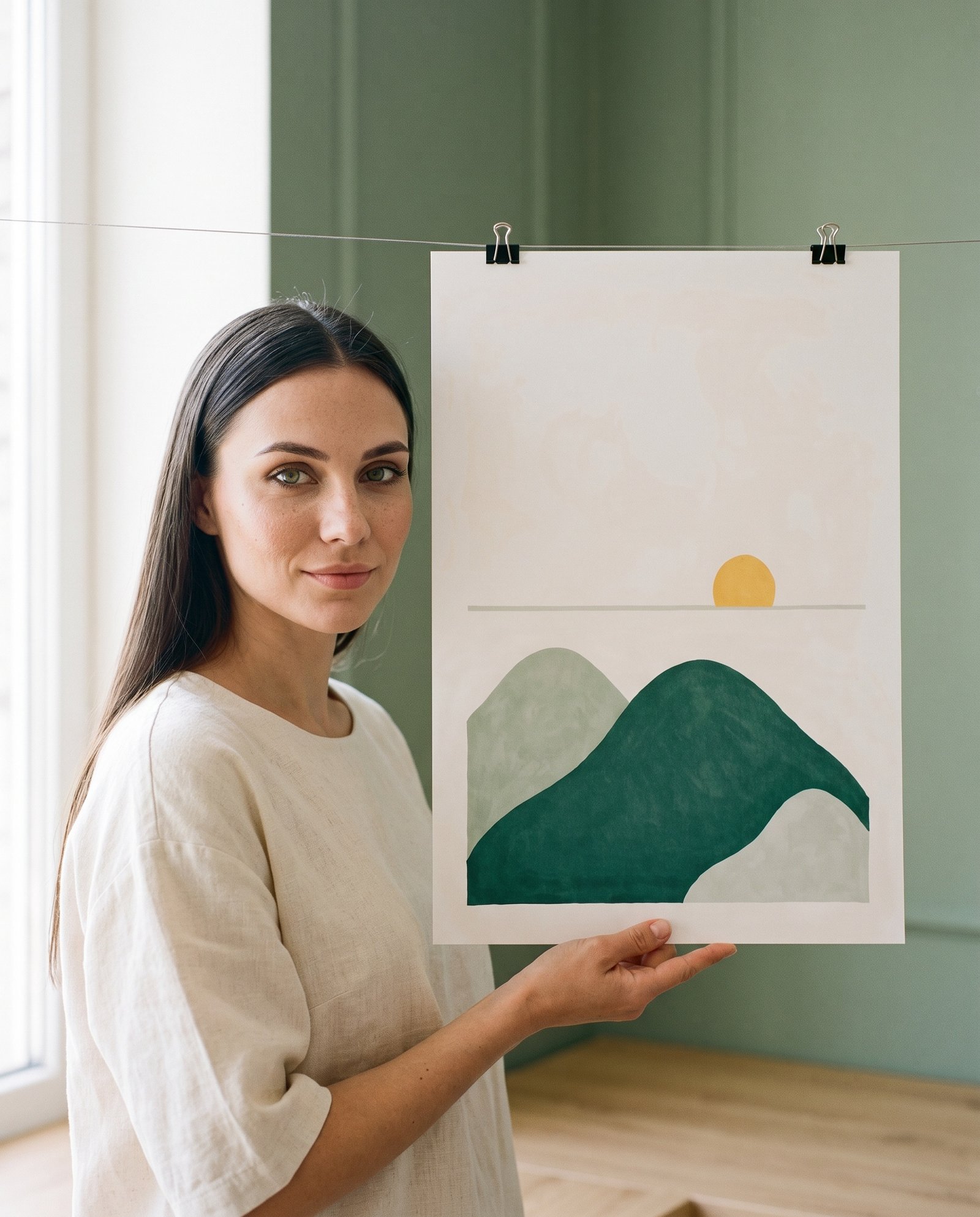 Elena, the stretching.shop AI guide, with the Still Hills Art Print