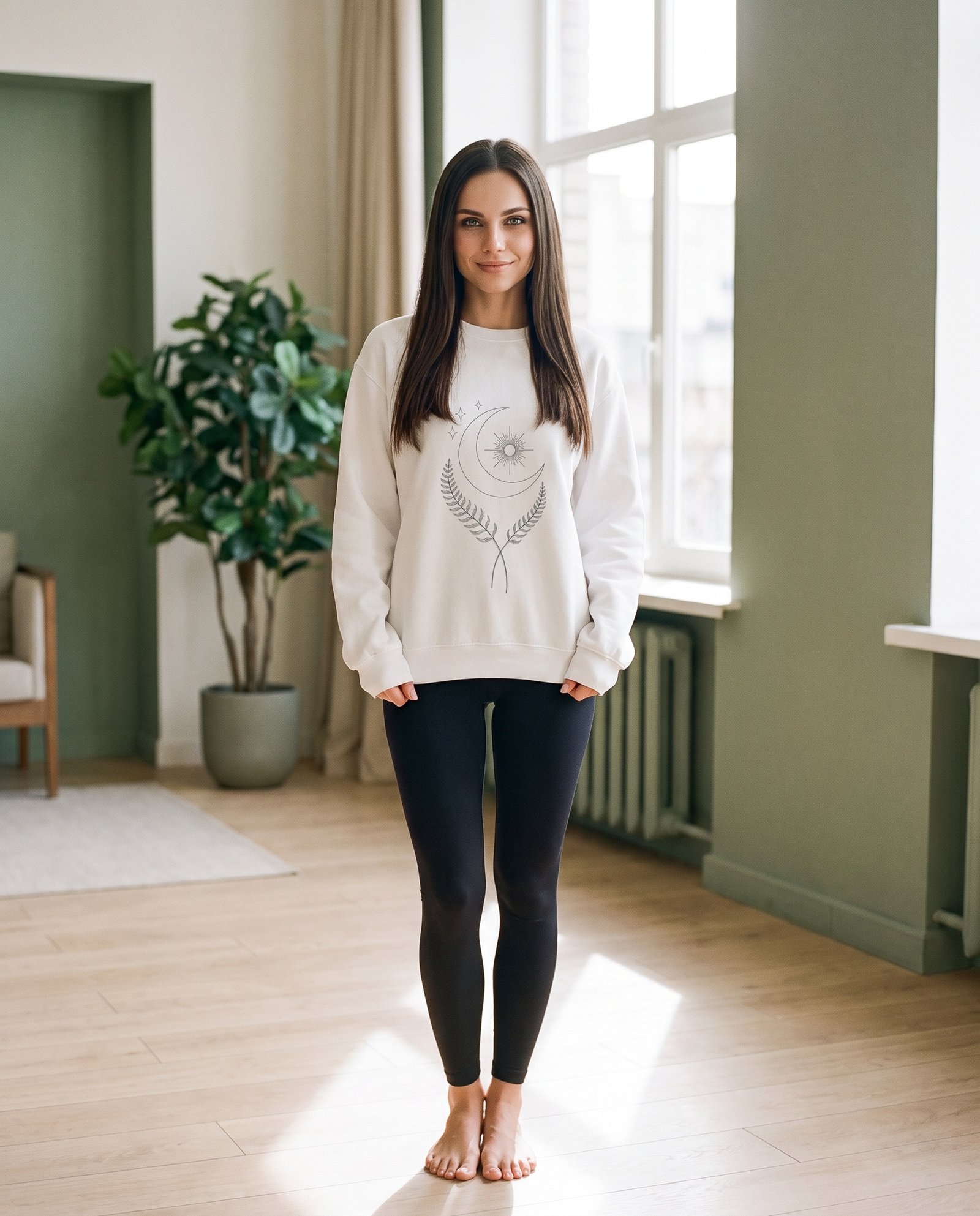 Elena, the stretching.shop AI guide, with the Sun & Moon Sweatshirt