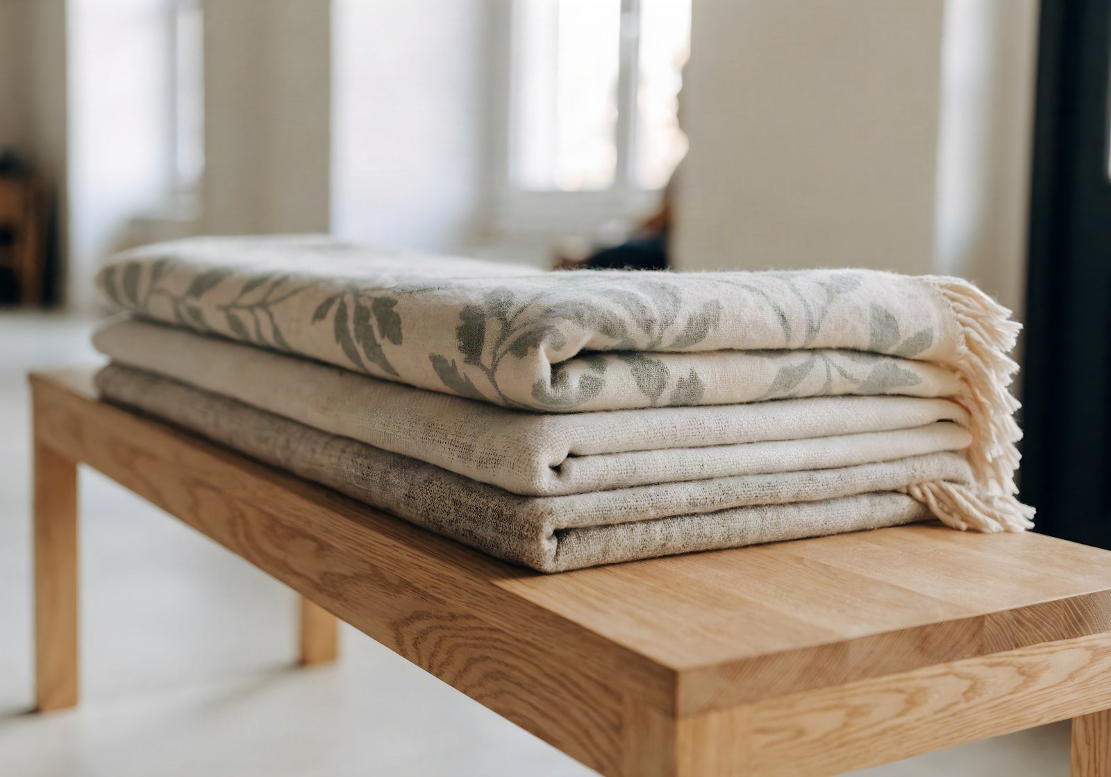 Three folded throw blankets stacked on a pale oak bench, the top one a cream cotton woven throw with a sage botanical pattern