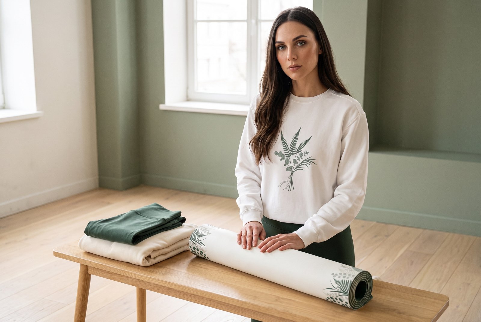 Folded leggings and a garment-dyed sweatshirt on a wooden bench