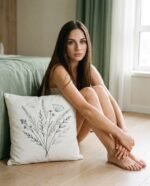 Elena, the stretching.shop AI guide, with the Wildflower Study Cushion