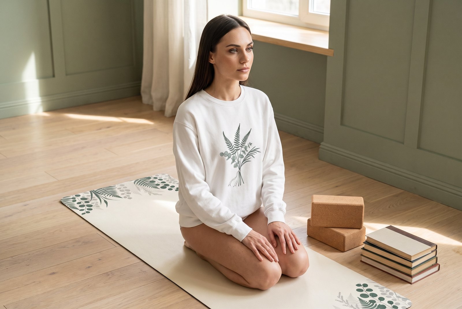 Cork yoga blocks beside a stack of hardback books on a wooden floor