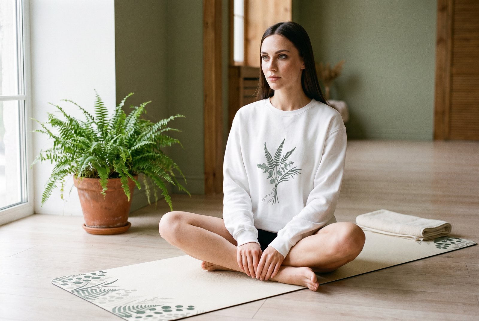 A folded towel laid across the top of a yoga mat