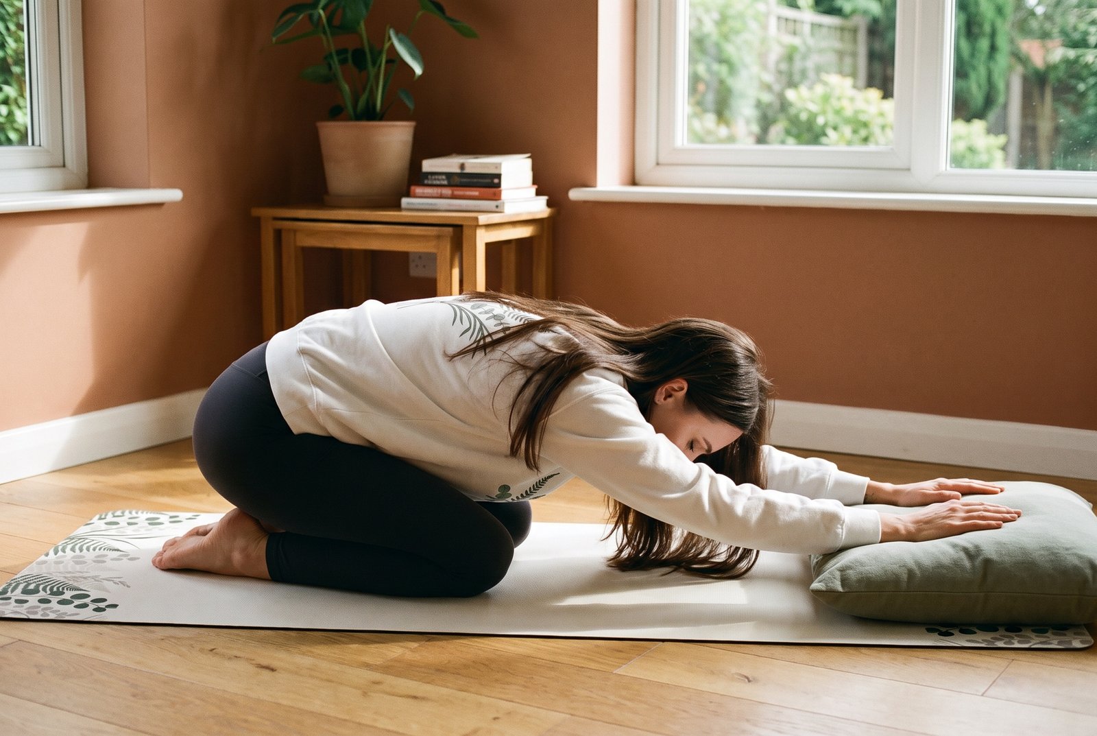 Elena kneeling back over her heels on a mat, arms long in front, forehead low, cushion to one side.