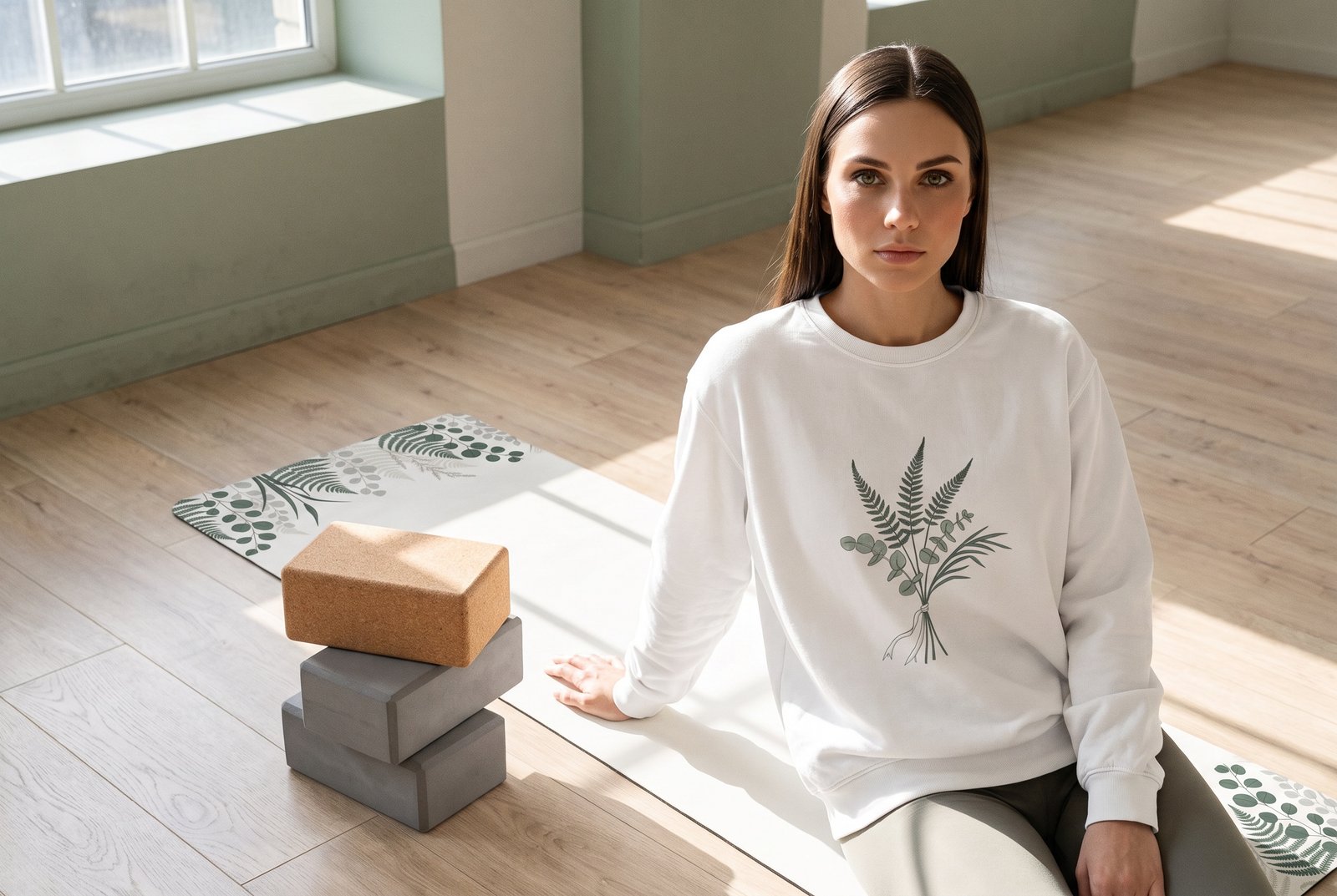 A cork yoga block beside two foam blocks and a rolled printed mat on a wooden floor in daylight