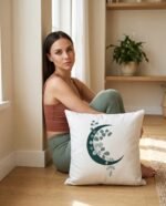 Elena, the stretching.shop AI guide, with the Crescent Moon Cushion