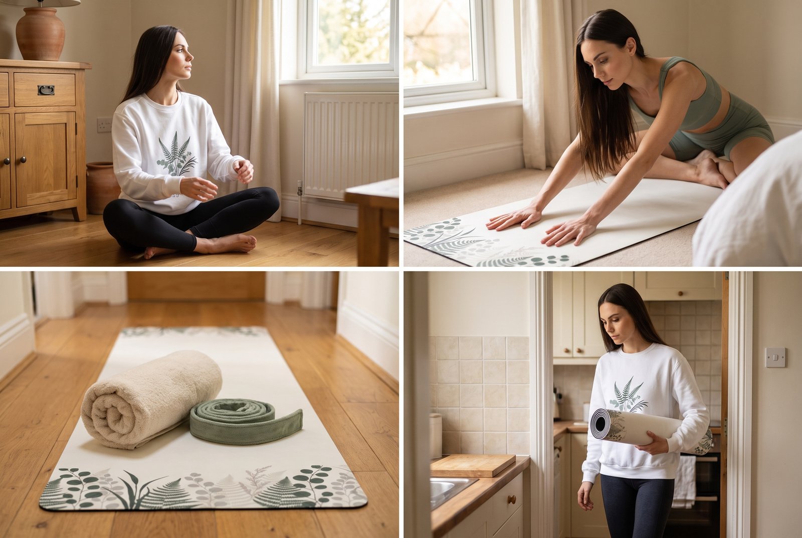 Rolled bath towel and a fabric belt lying side by side on a printed yoga mat