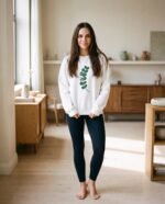 Elena, the stretching.shop AI guide, with the Eucalyptus Sprig Sweatshirt
