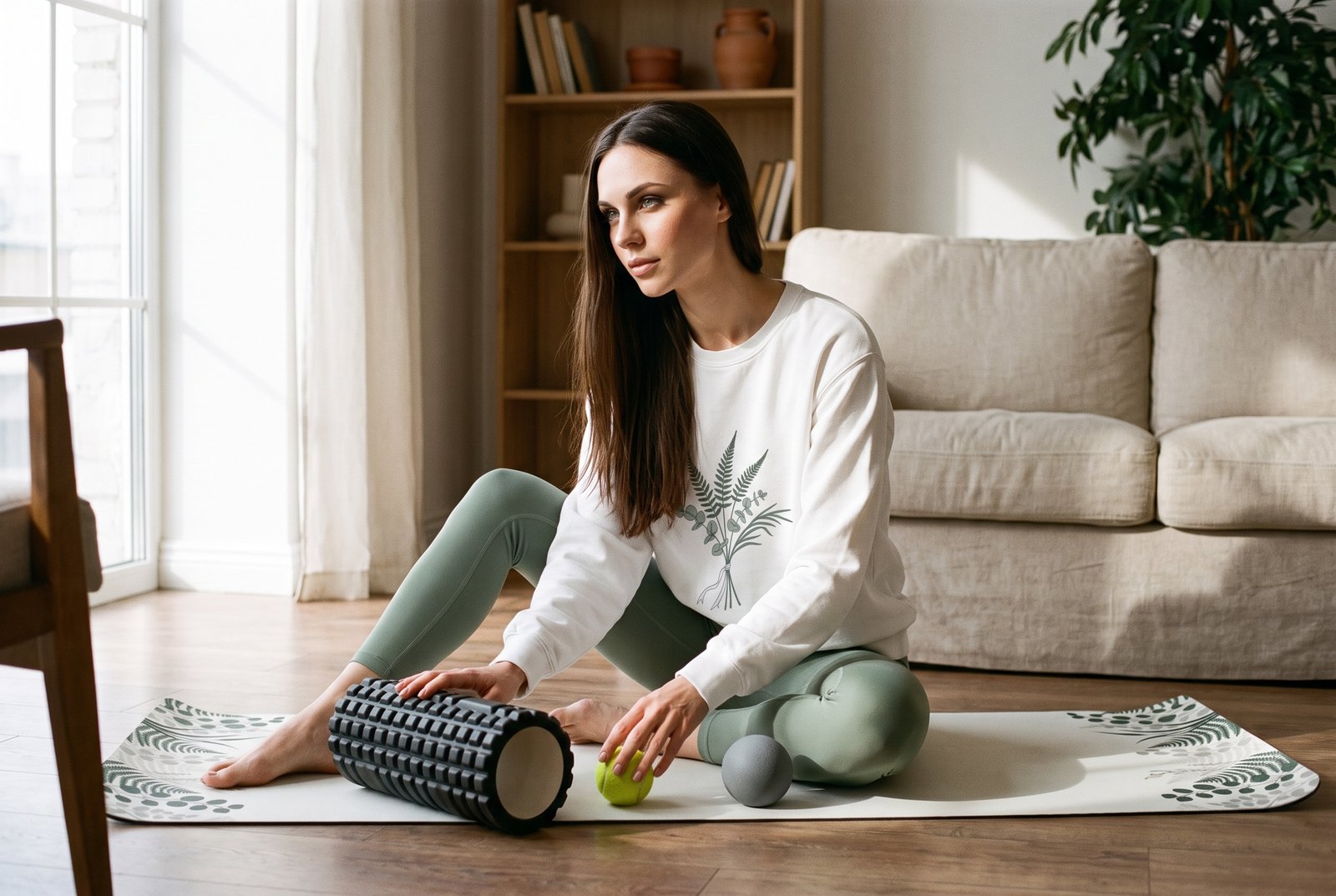 A grid-pattern foam roller on a yoga mat beside a tennis ball and a firmer massage ball