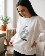 Elena, the stretching.shop AI guide, with the Folding Fox Sweatshirt