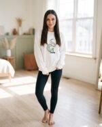 Elena, the stretching.shop AI guide, with the Folding Fox Sweatshirt