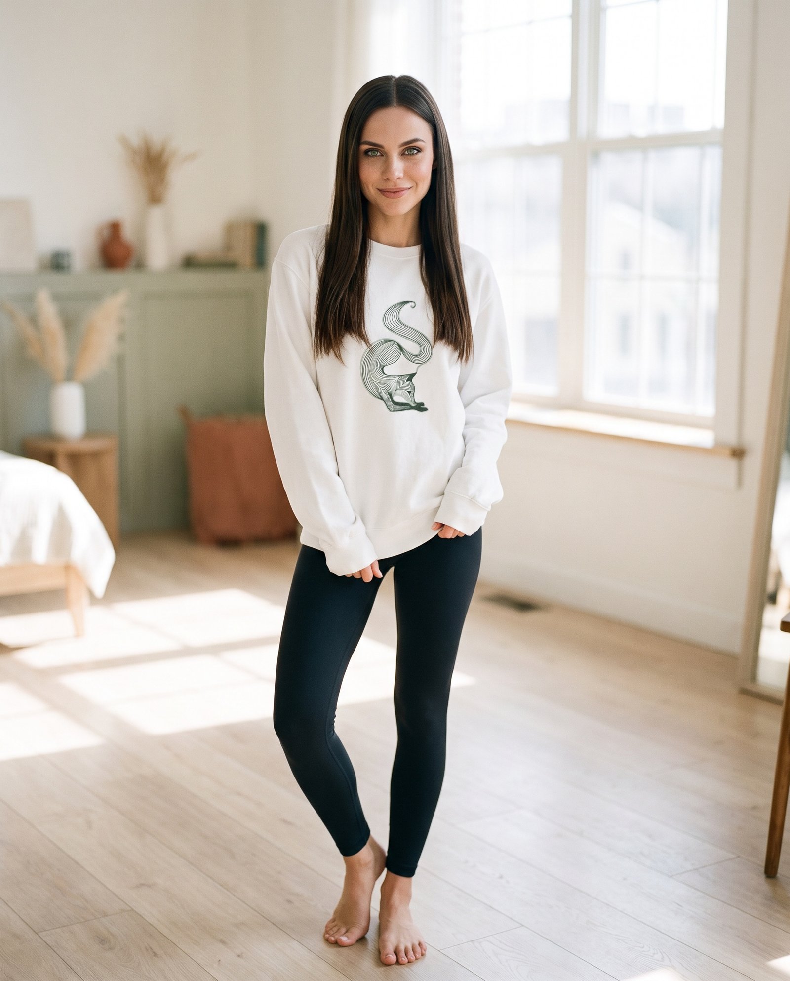 Elena, the stretching.shop AI guide, with the Folding Fox Sweatshirt