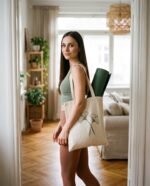 Elena, the stretching.shop AI guide, with the Ginkgo Pair Tote Bag