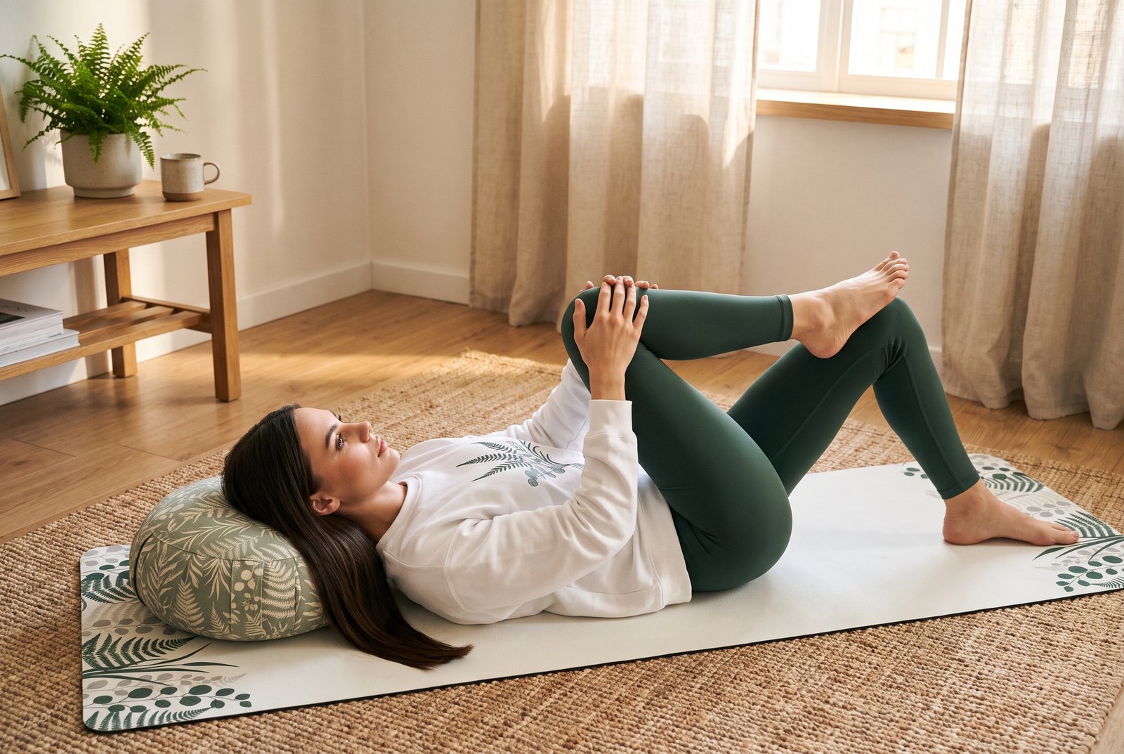 Elena lying on a rug in a figure-four glute stretch with a printed cushion supporting her head