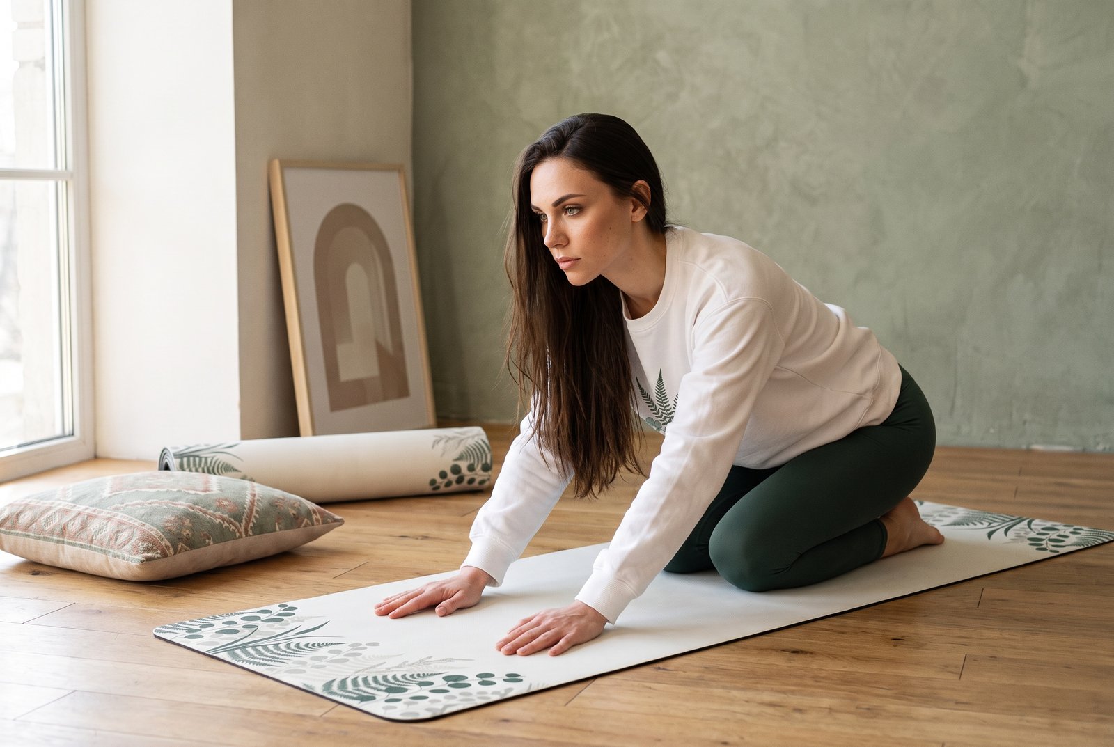 Framed arch-shaped art print leaning on a wall above a rolled mat and a cushion