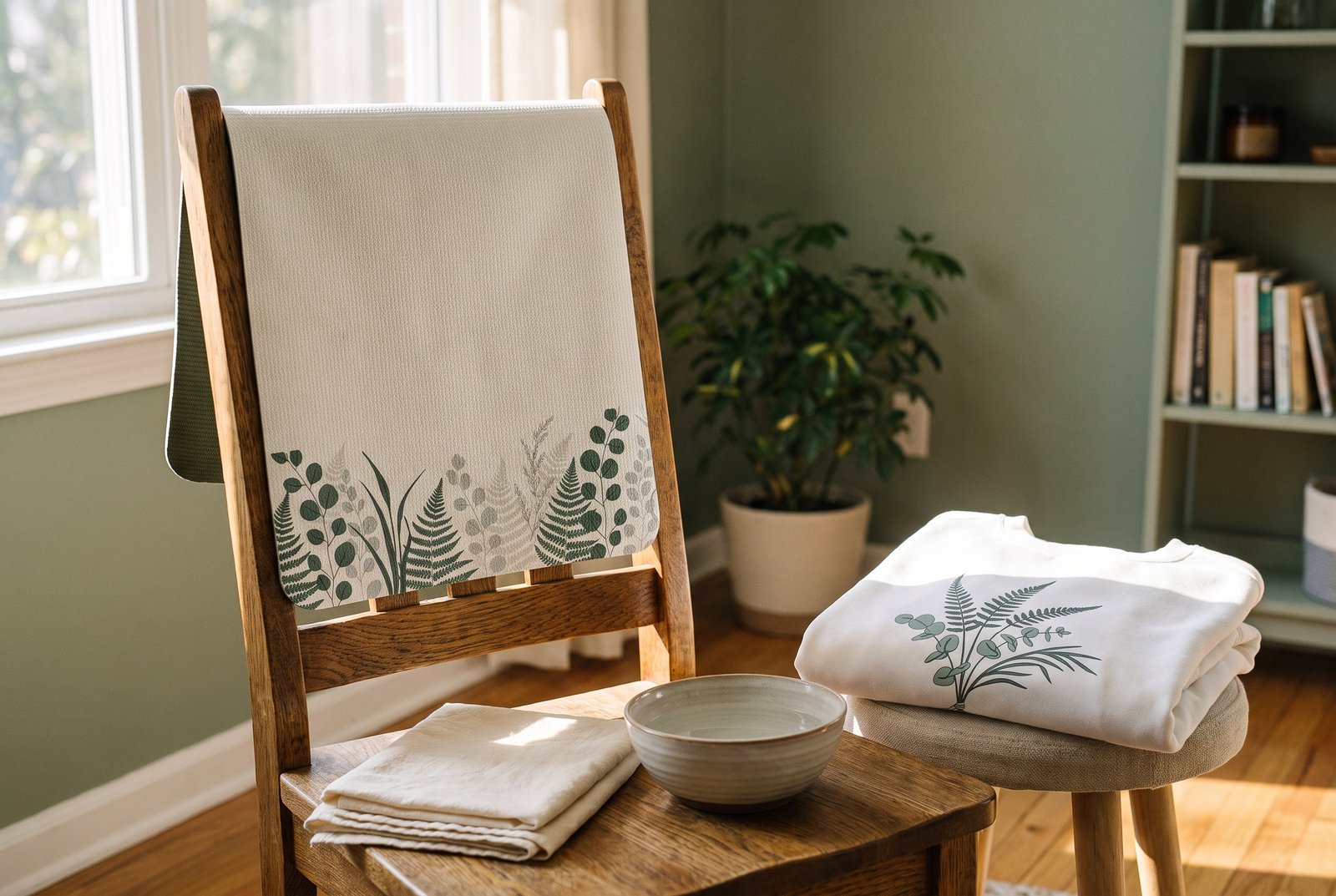 A printed yoga mat drying flat over a wooden chair with a cloth and bowl of water on the floor