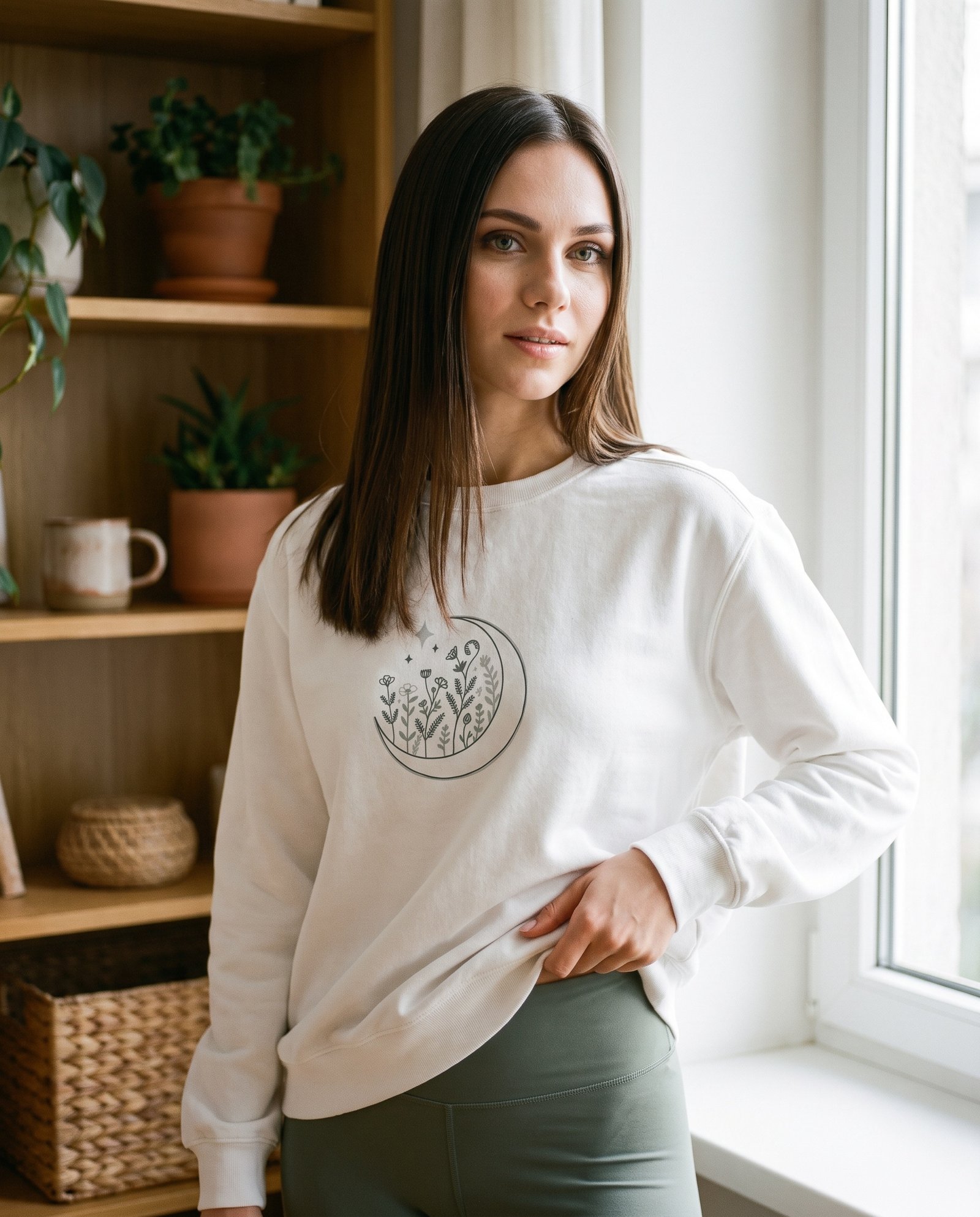 Elena, the stretching.shop AI guide, with the Moon Garden Sweatshirt