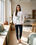 Elena, the stretching.shop AI guide, with the Reaching Hare Sweatshirt