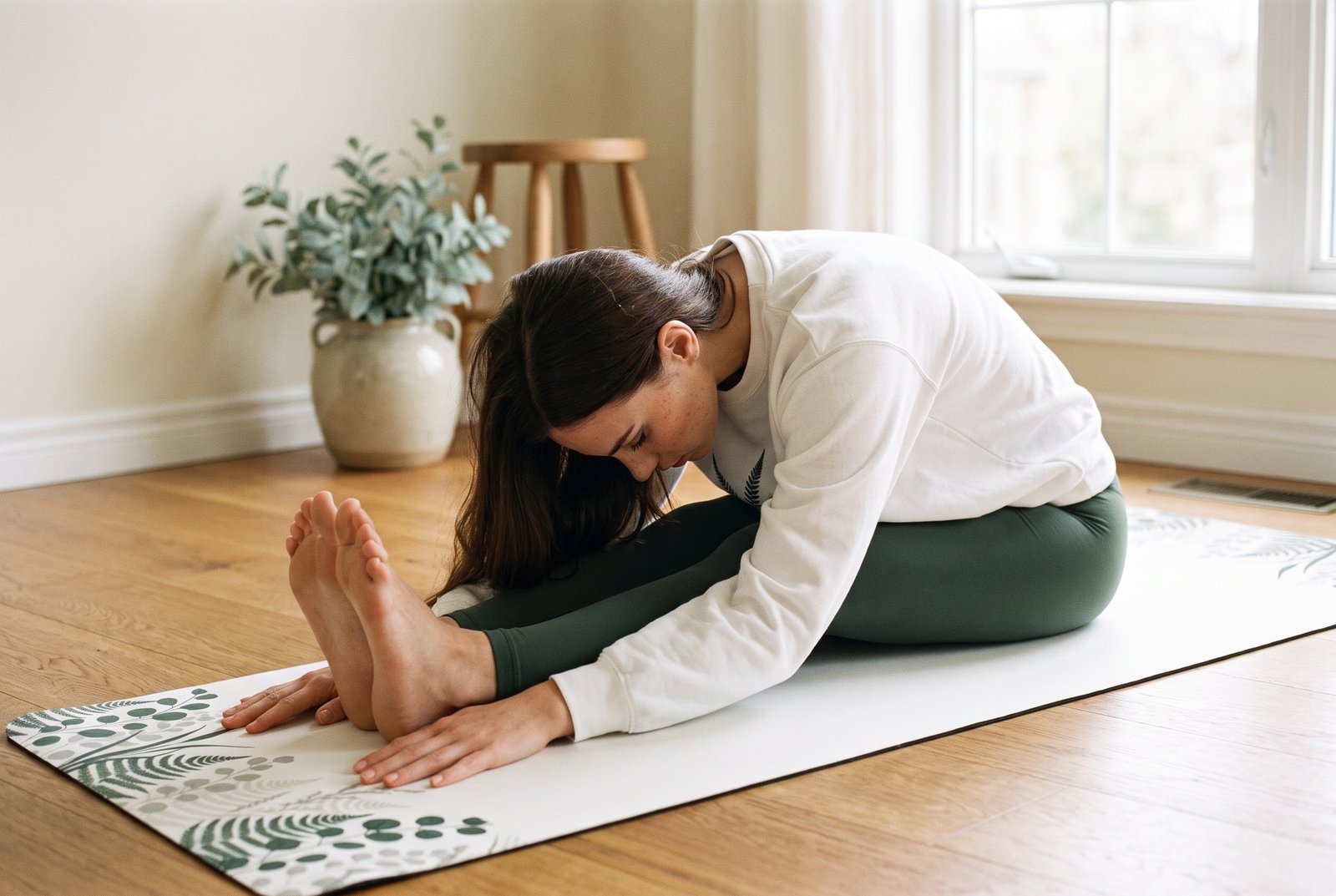 Woman seated in a long forward fold on a printed yoga mat in a bright living room