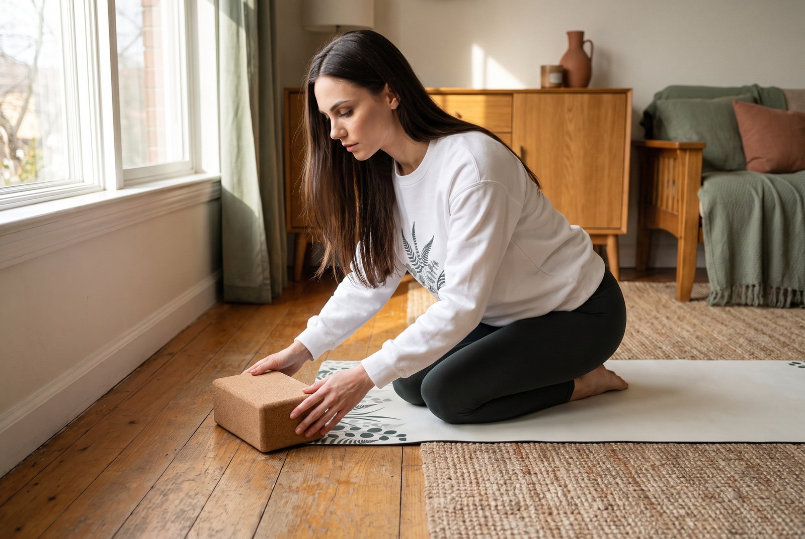 Edge of a printed yoga mat where carpet meets bare wooden floor, with a cork block on top