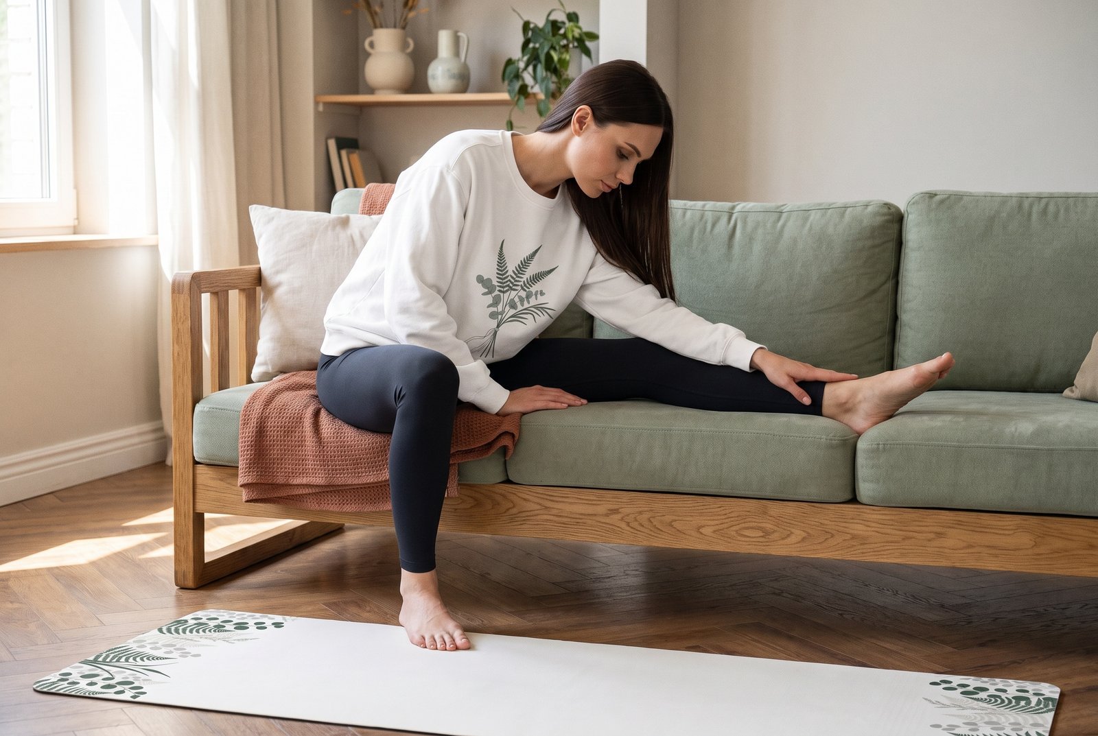 Elena sitting on a sofa with one leg long along the cushions, folding over it, folded throw under her hip.