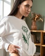 Elena, the stretching.shop AI guide, with the Thistle Head Sweatshirt