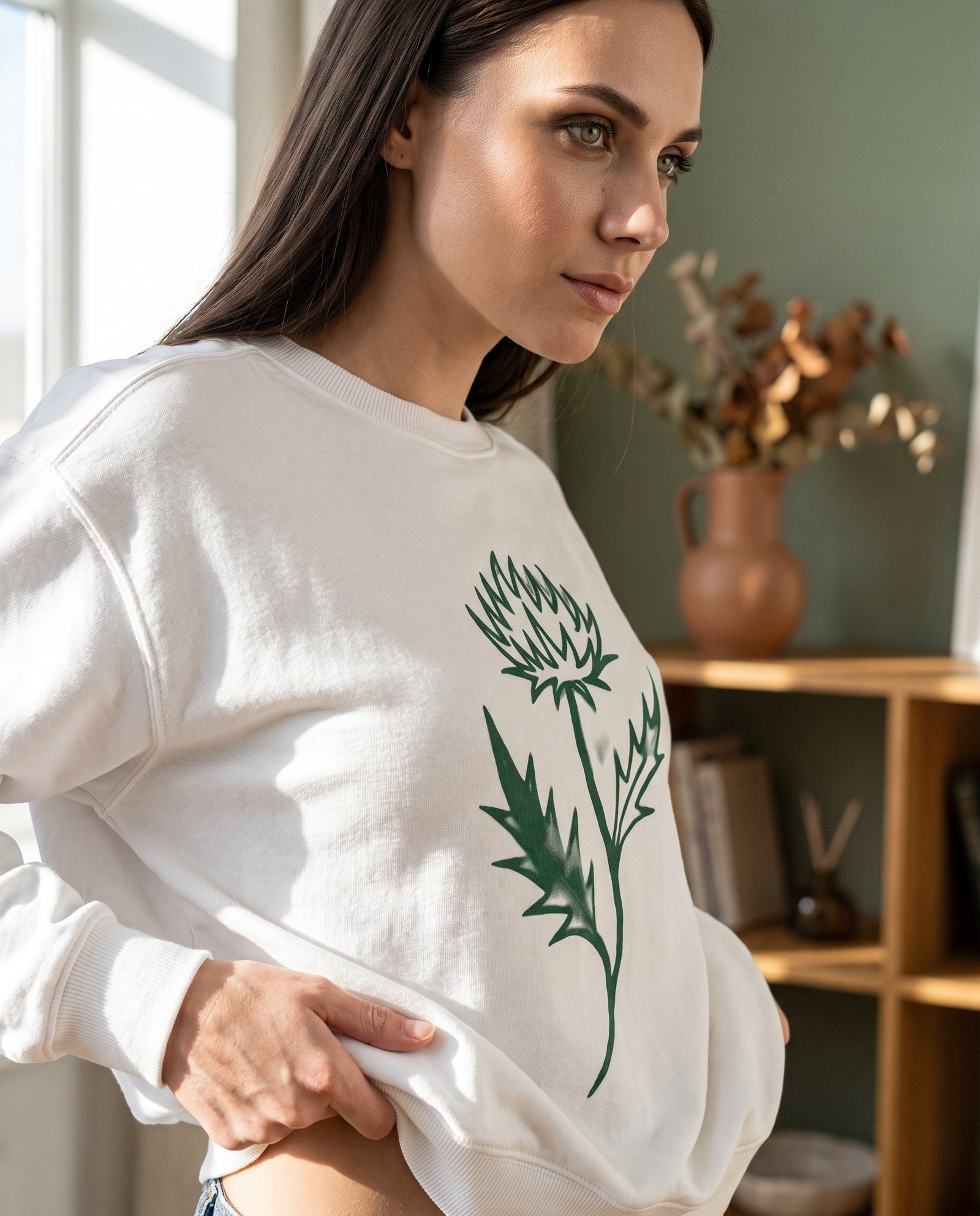 Elena, the stretching.shop AI guide, with the Thistle Head Sweatshirt