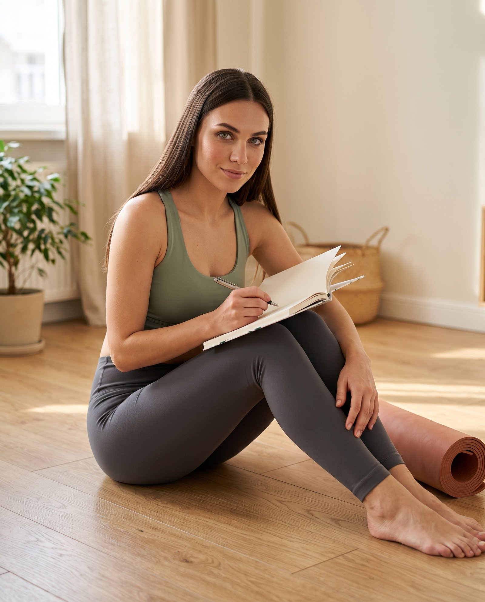 Elena, the stretching.shop AI guide, with the Tiny Sprigs Journal